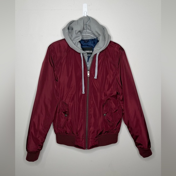 Express Other - Express - Men’s Wine/Burgundy Bomber Jacket Coat Zip Up Gray Hood Small